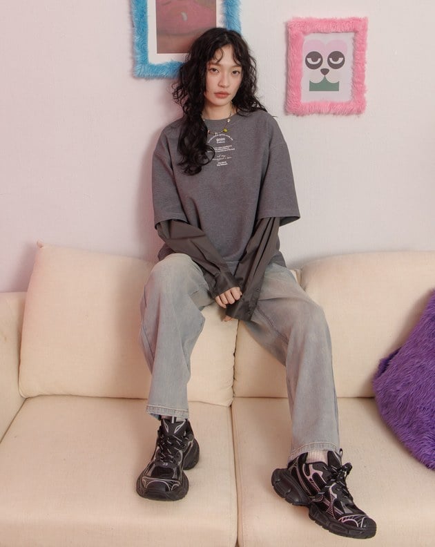 植絨印花假兩件襯衫T恤(兩色)