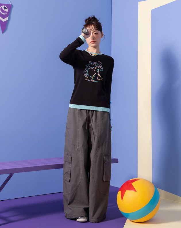 PIXAR系列 小逗布標仿舊水洗工裝可束口寬褲(兩色)