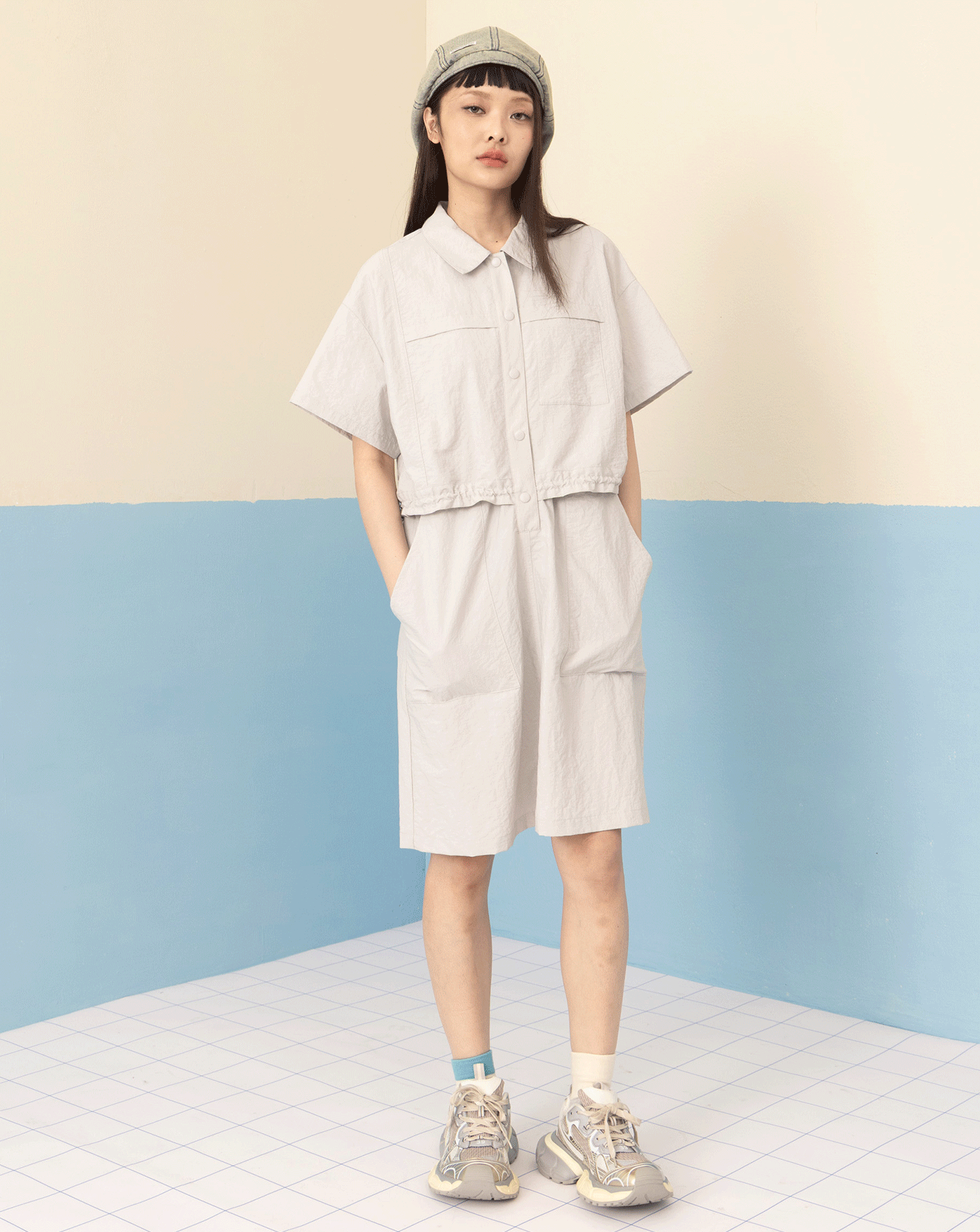 微皺感假兩件抽繩工裝風洋裝(兩色)