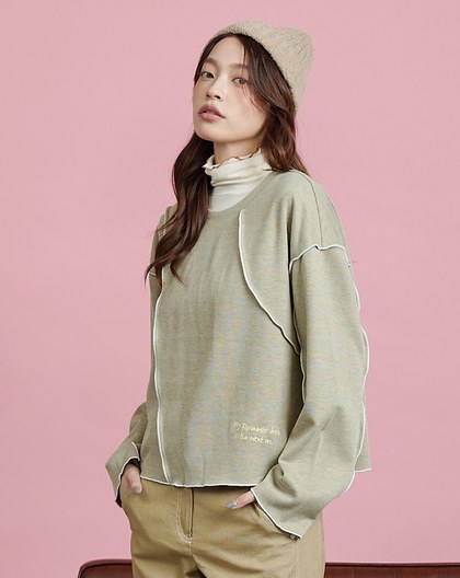 撞色密拷邊造型落肩長袖上衣(兩色)