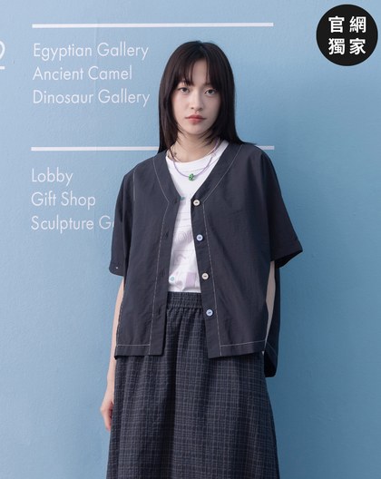 ➤配色鈕扣開襟連袖上衣(兩色)