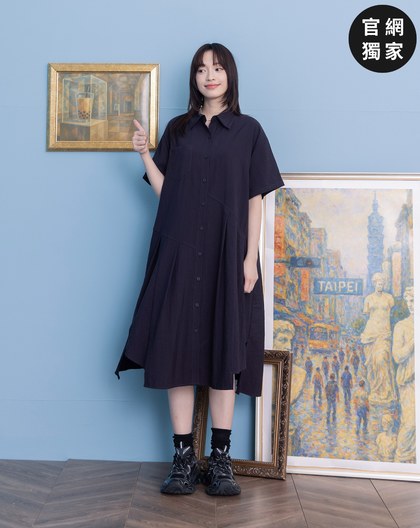 ➤條紋不對稱打褶下擺襯衫洋裝(兩色)