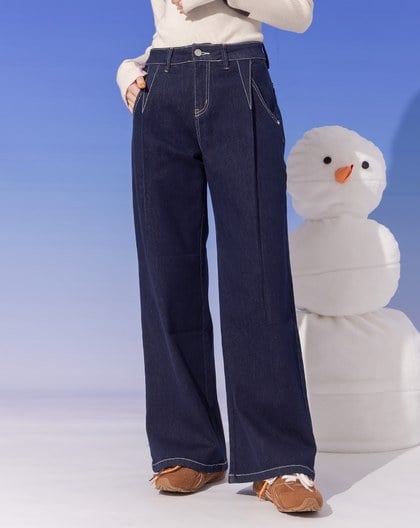 ◢3.0 零著感Q彈打褶牛仔寬褲(深藍)