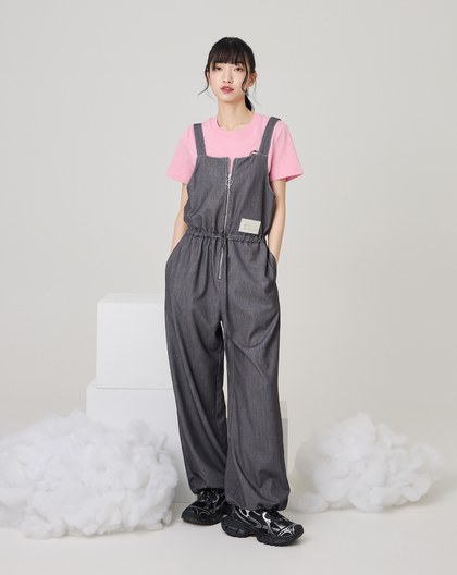 拉鍊縮腰柔軟仿牛仔吊帶褲(兩色)