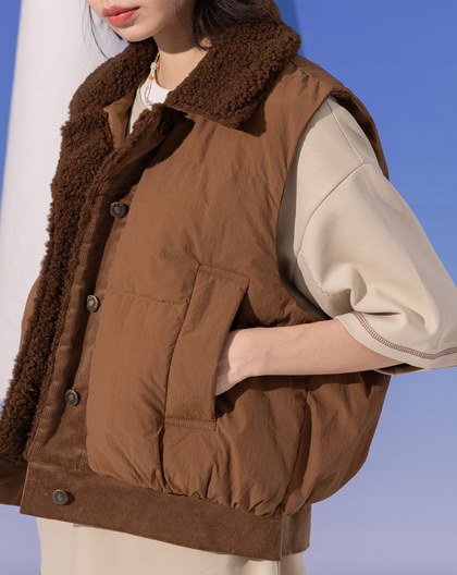 仿羊毛領條絨拼接鋪棉背心(兩色)