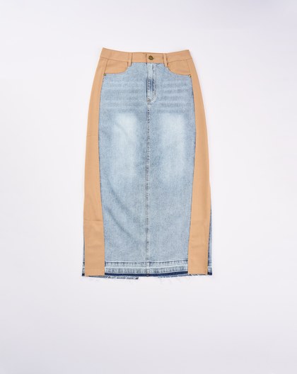 A｜顯瘦異材質拼接水洗牛仔長裙(兩色)