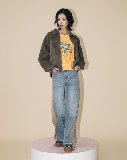 A｜好比例異材質拼接水洗牛仔寬褲(兩色)