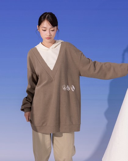 異材質假兩件V領長版連帽上衣(兩色)
