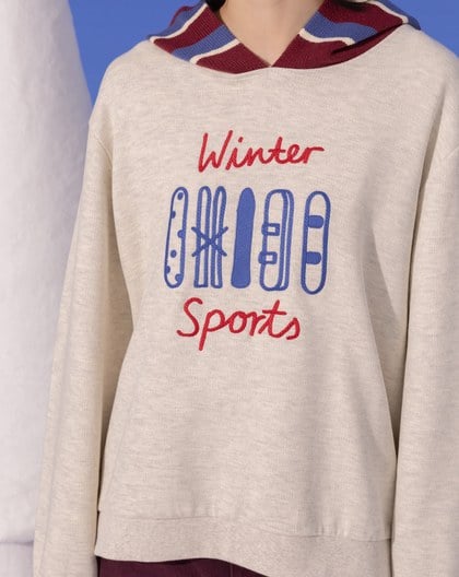 滑雪板繡花拼接條紋針織帽T(兩色)