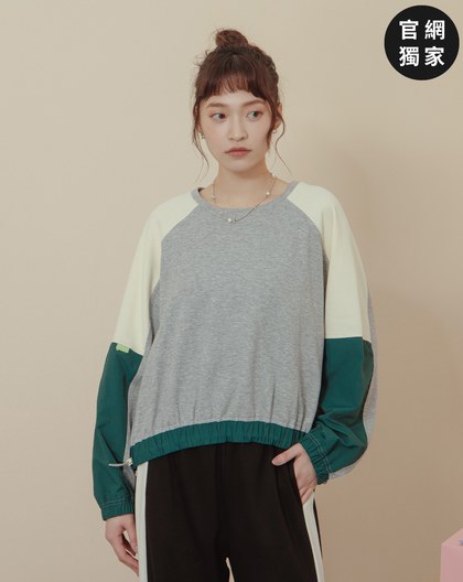 ➤異材質拼接下擺抽繩大學T(兩色)