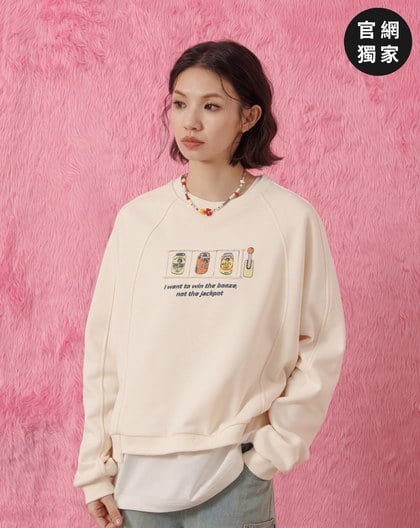 ➤啤酒奶奶拉霸機印花剪接大學T(兩色)