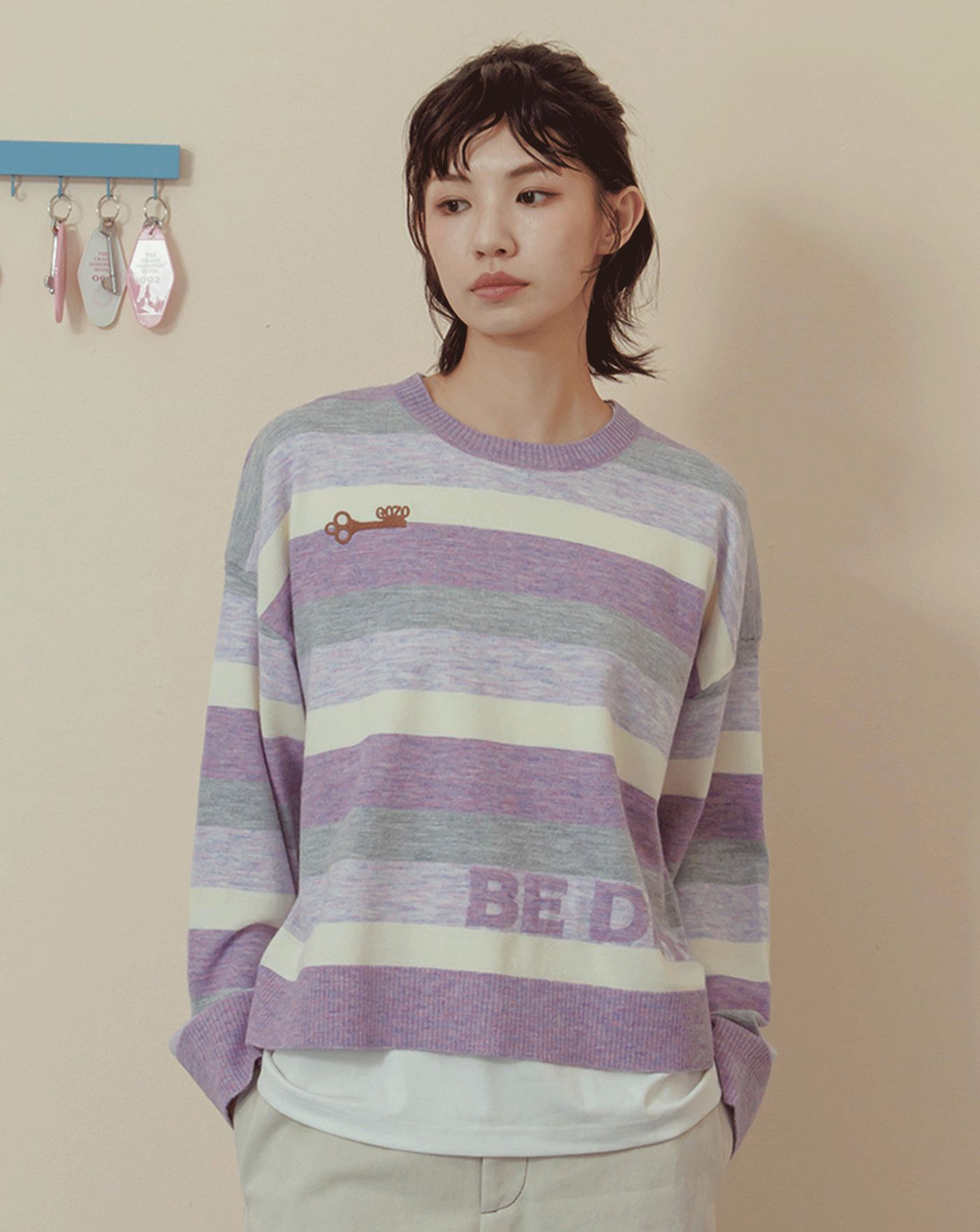 抗起球羊毛絨配色寬條紋針織毛衣(兩色)