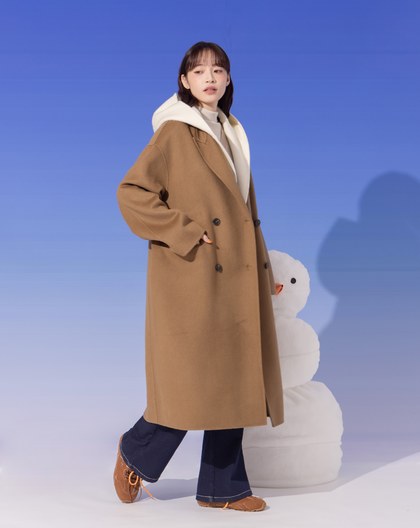 雙色拼接假兩件連帽羊毛長大衣(兩色)