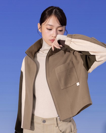 羊毛異材質拼色立領廓型外套