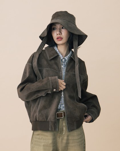 A｜復古仿麂皮壓線廓型雙向拉鍊外套(兩色)