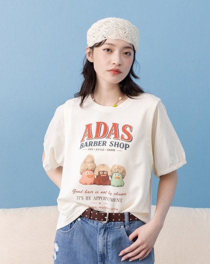Ada理髮店氣球袖假兩件涼感T恤(兩色)