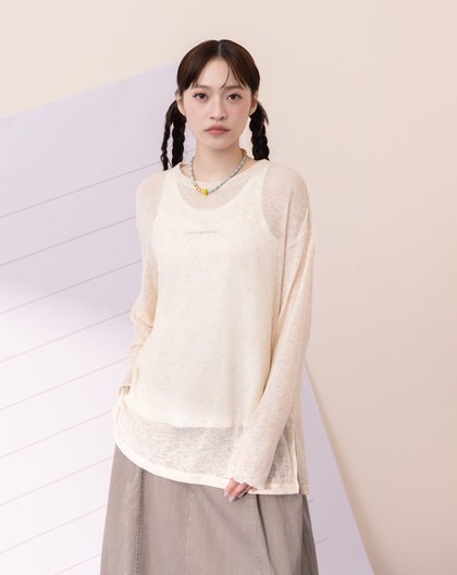 亞麻混紡木耳邊透膚上衣(兩色)