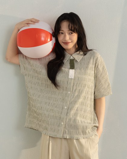 皺皺撞色門襟透氣連袖襯衫(兩色)