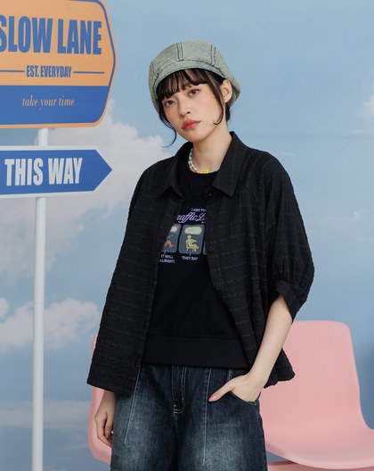 波點立體格紋澎澎短袖襯衫(兩色)