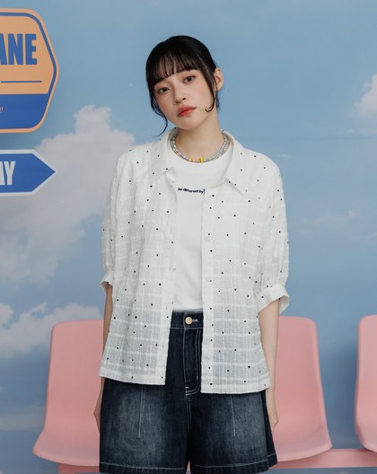 波點立體格紋澎澎短袖襯衫(兩色)