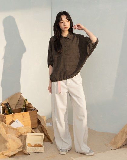 織紋弧形鬆緊連袖上衣(兩色)