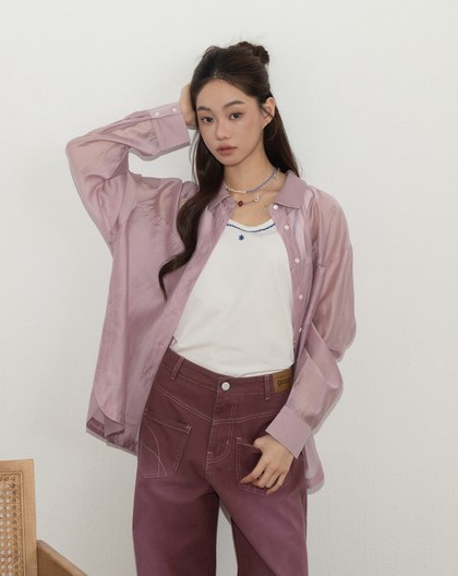 A｜涼感緞光後綁帶透膚襯衫(兩色)