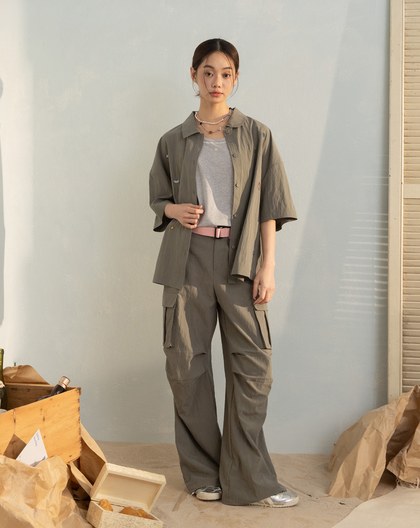 涼感立體抓褶工裝寬褲(兩色)