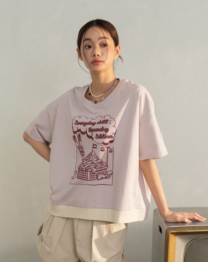 洗衣籃滑雪場下擺拼色天絲T恤(兩色)