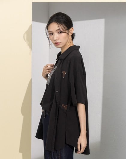 立體雲朵刺繡側開衩襯衫(兩色)