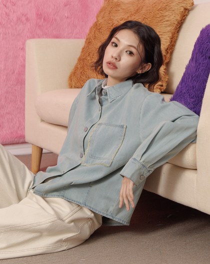 復古刷色抓褶造型牛仔襯衫(兩色)