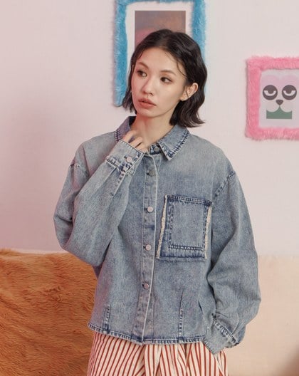 復古刷色抓褶造型牛仔襯衫(兩色)