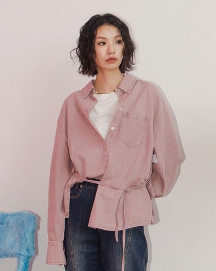 A｜彩色水洗牛仔開衩綁帶襯衫(兩色)