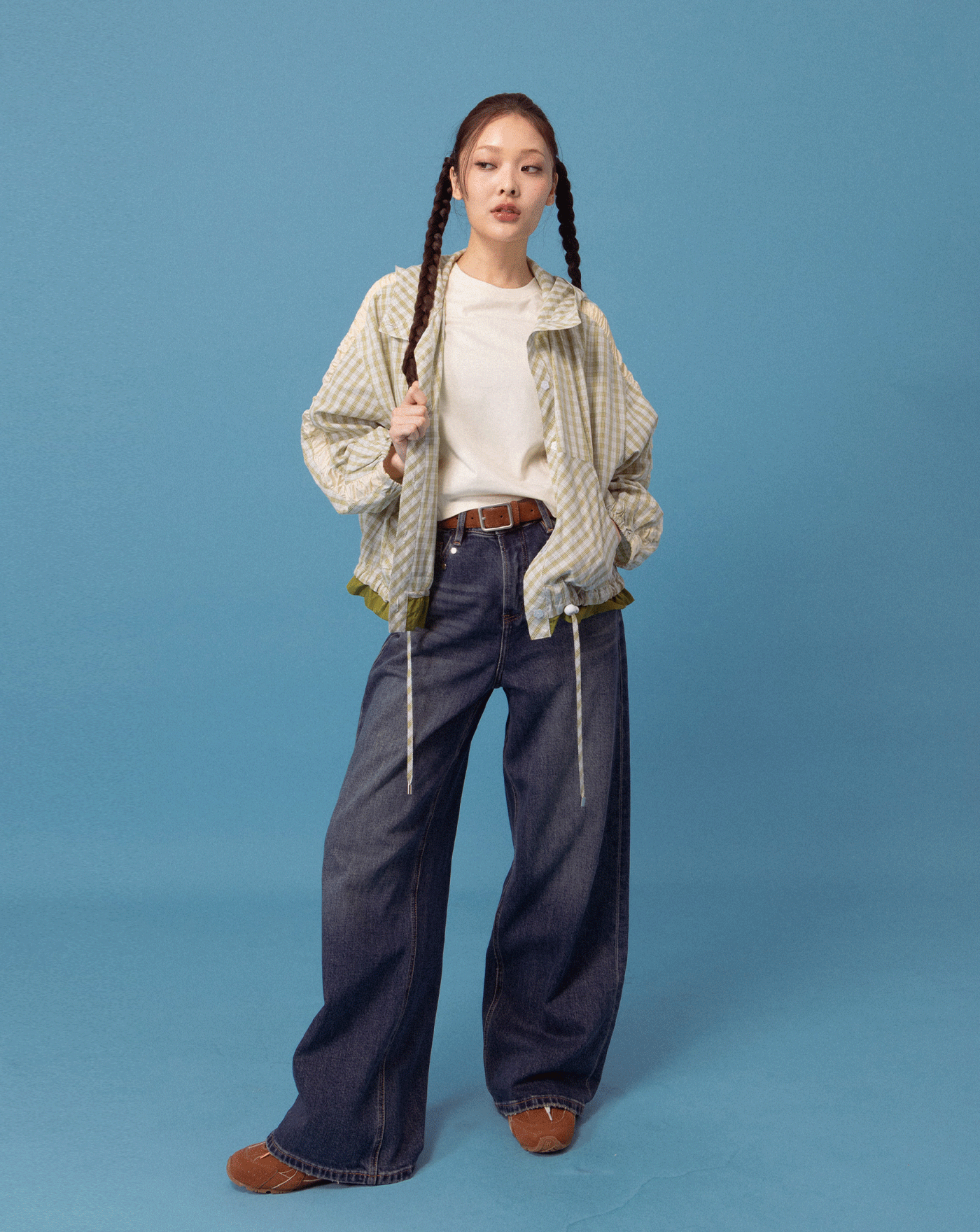 A｜抽皺荷葉邊格紋連帽外套(兩色)