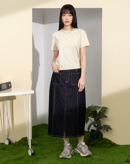 丹寧藍前車線開衩牛仔裙