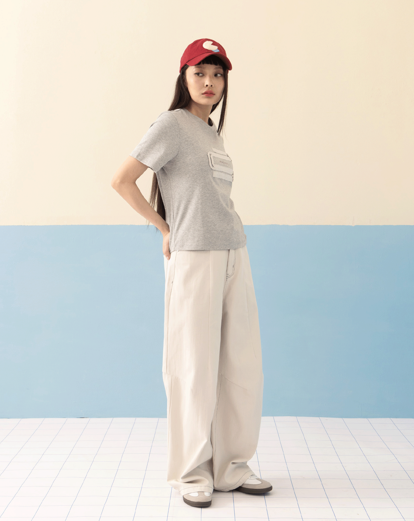 水洗配色壓線立體打褶直筒褲