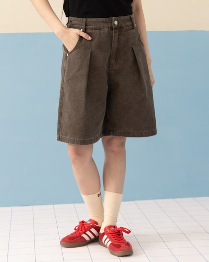 復古水洗後鬆緊打褶短褲(兩色)