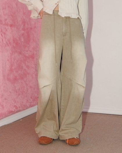 A｜立體打褶低腰水洗牛仔寬褲(兩色)