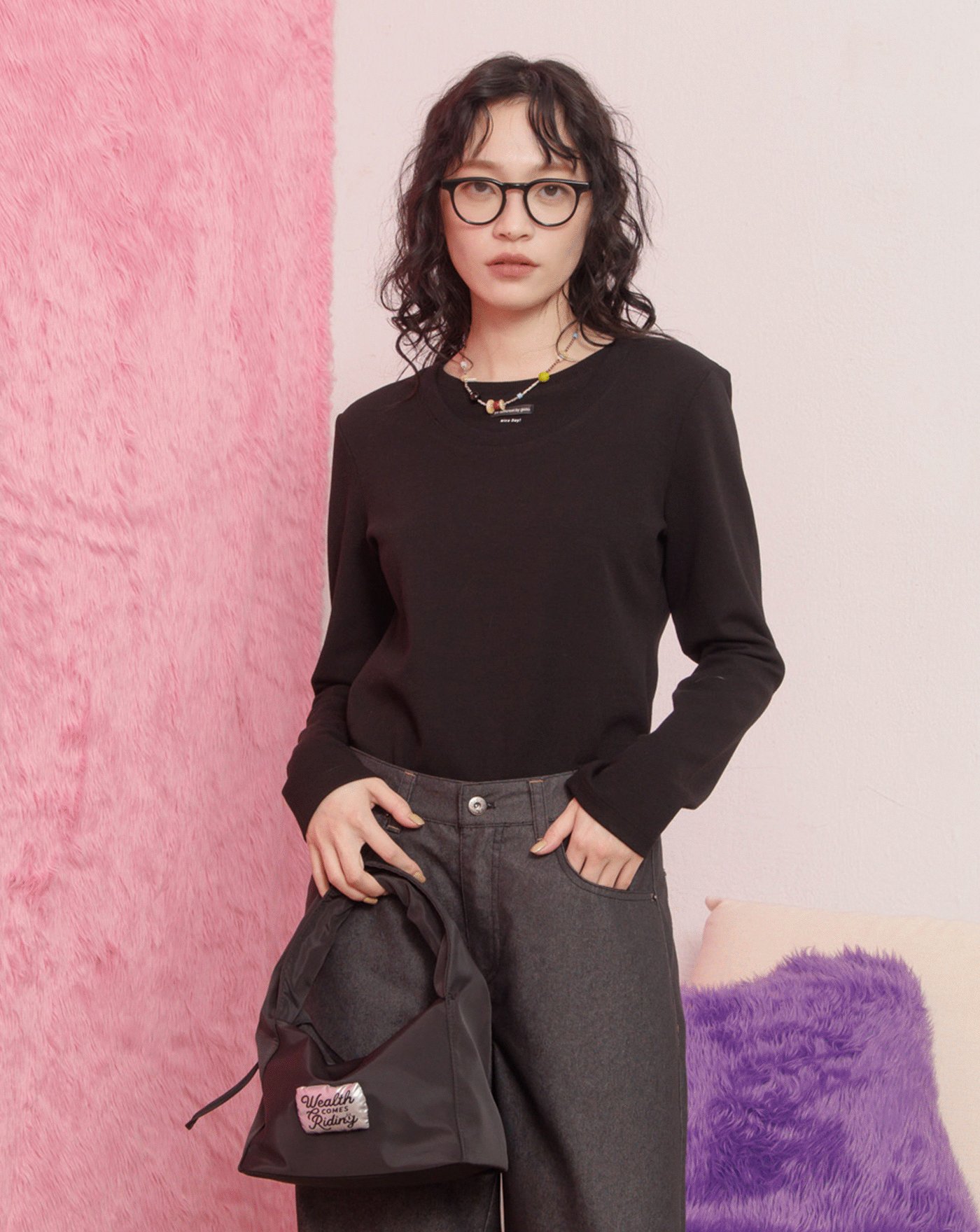 Nice Day!假兩件領合肩長袖T恤(兩色)