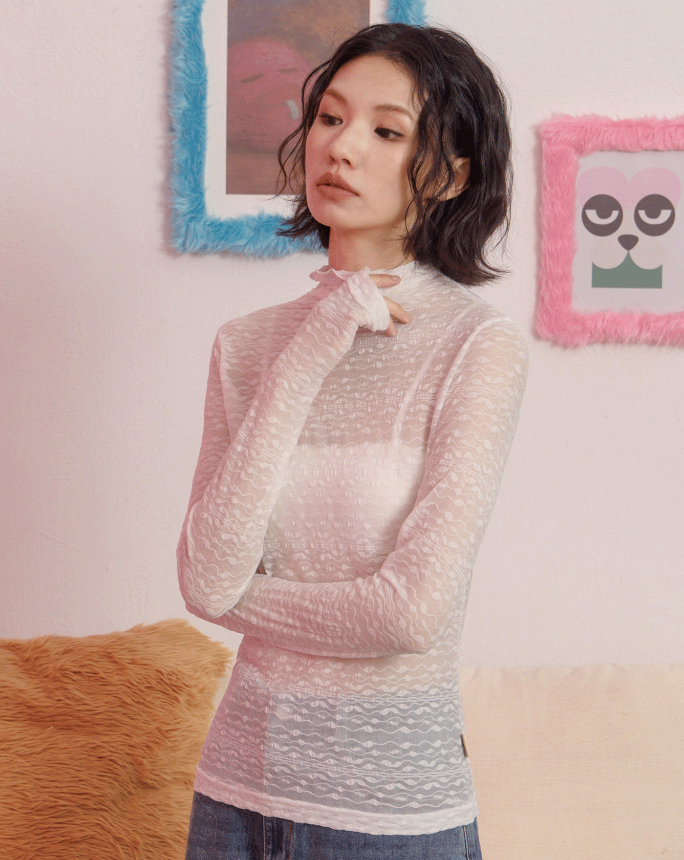 透膚蕾絲内搭長袖上衣(兩色)