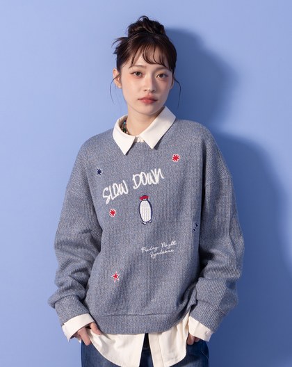 A｜企鵝SLOW DOWN刺繡寬鬆大學T(兩色)