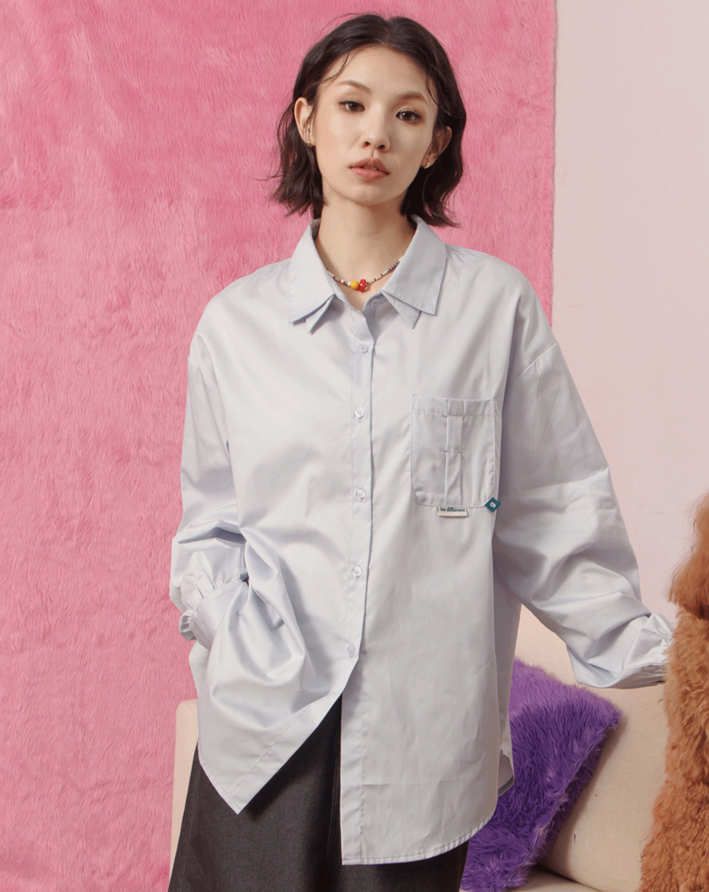 假兩層領落肩純棉長袖襯衫(兩色)