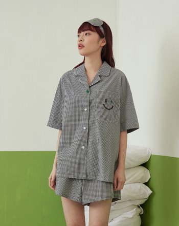 ◢g+微笑拼接格紋短袖睡衣(三色)
