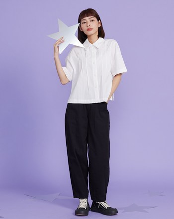 向星星許願繡花抓摺短袖襯衫(兩色)