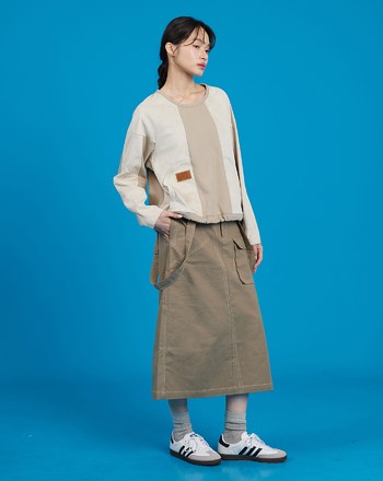不對稱壓線大口袋吊帶裙(兩色)