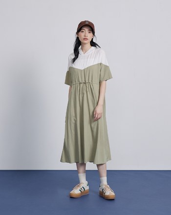 ➤拼色抽繩連帽短袖洋裝(兩色)