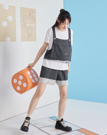 運動風仿牛仔捲邊外搭背心(兩色)
