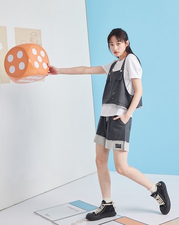 運動風仿牛仔捲邊外搭背心(兩色)