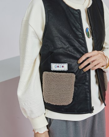 QQ泰迪毛雙面皮革拉鍊背心(兩色)