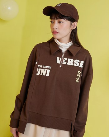 標語造型剪接拉鍊polo領上衣(兩色)