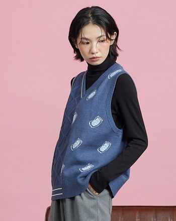 小啤酒織紋拼接毛衣背心(兩色)